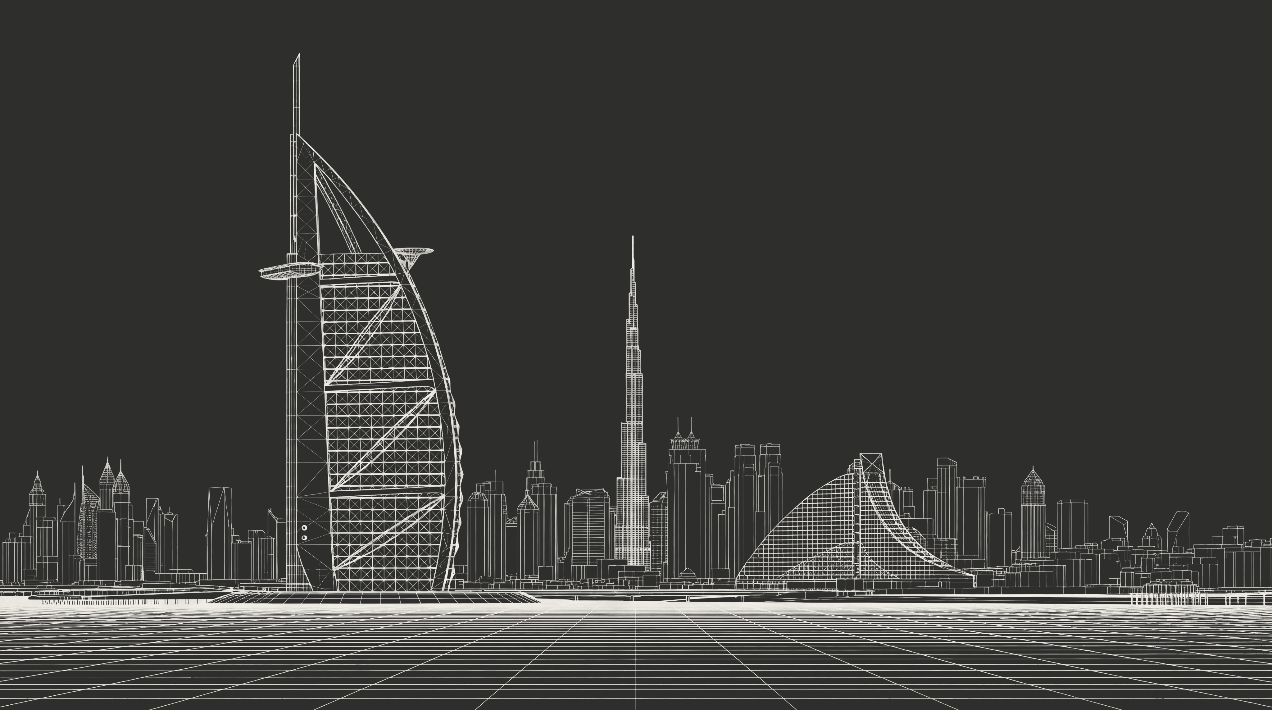 Line-art illustration of the Dubai skyline
